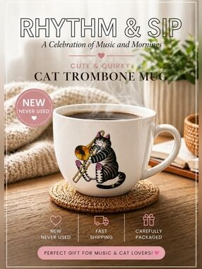 Cartoon Cat Playing Horne 16oz White Mug